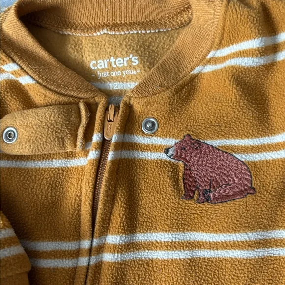Carter's Mustard and White Striped Fleece Footed One-Piece - Picture 2 of 5